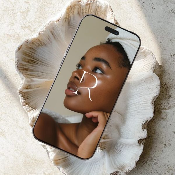 Stylish smartphone on a decorative shell showing a portrait of a woman with flawless skin and the letter 'R'. Concept image for a website design agency in London, emphasizing modern aesthetics and professional web development in London.