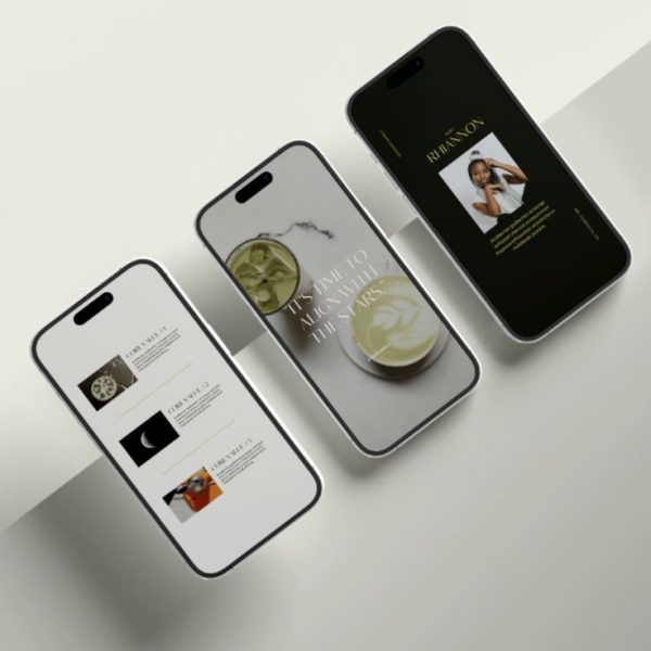 Three smartphones displaying responsive websites, showcasing professional website design and portfolio website design on different devices